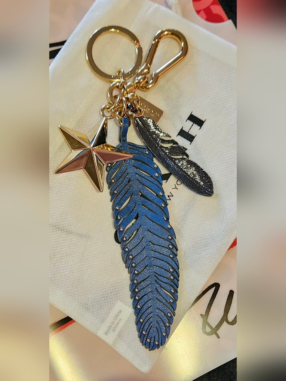 Coach Feather and Star Motif Keychain Bag Charm Blue Leather